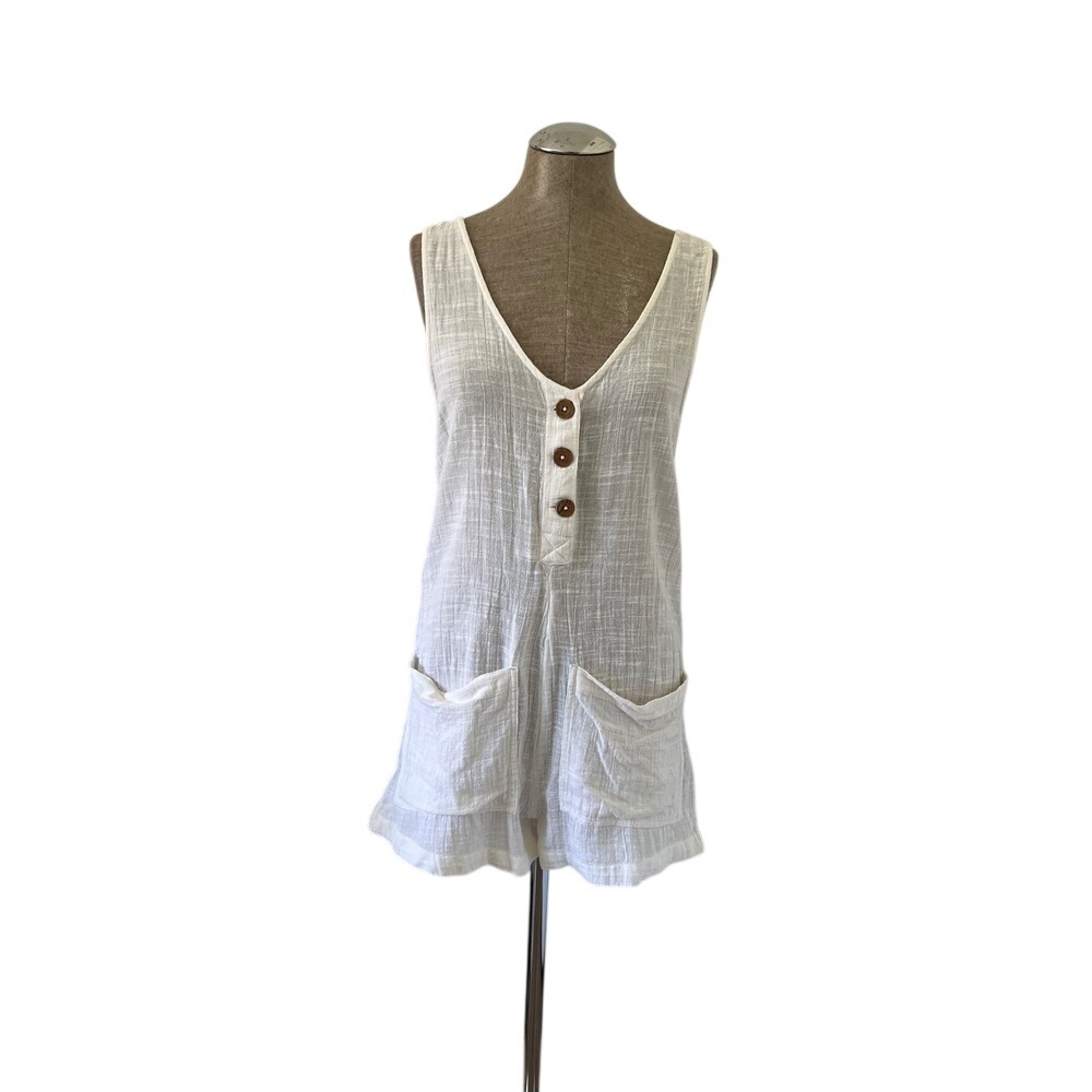 Rip Curl White Cotton Gauze Romper XS GDRMS9 V-Neck Beach Coverup Pocketed